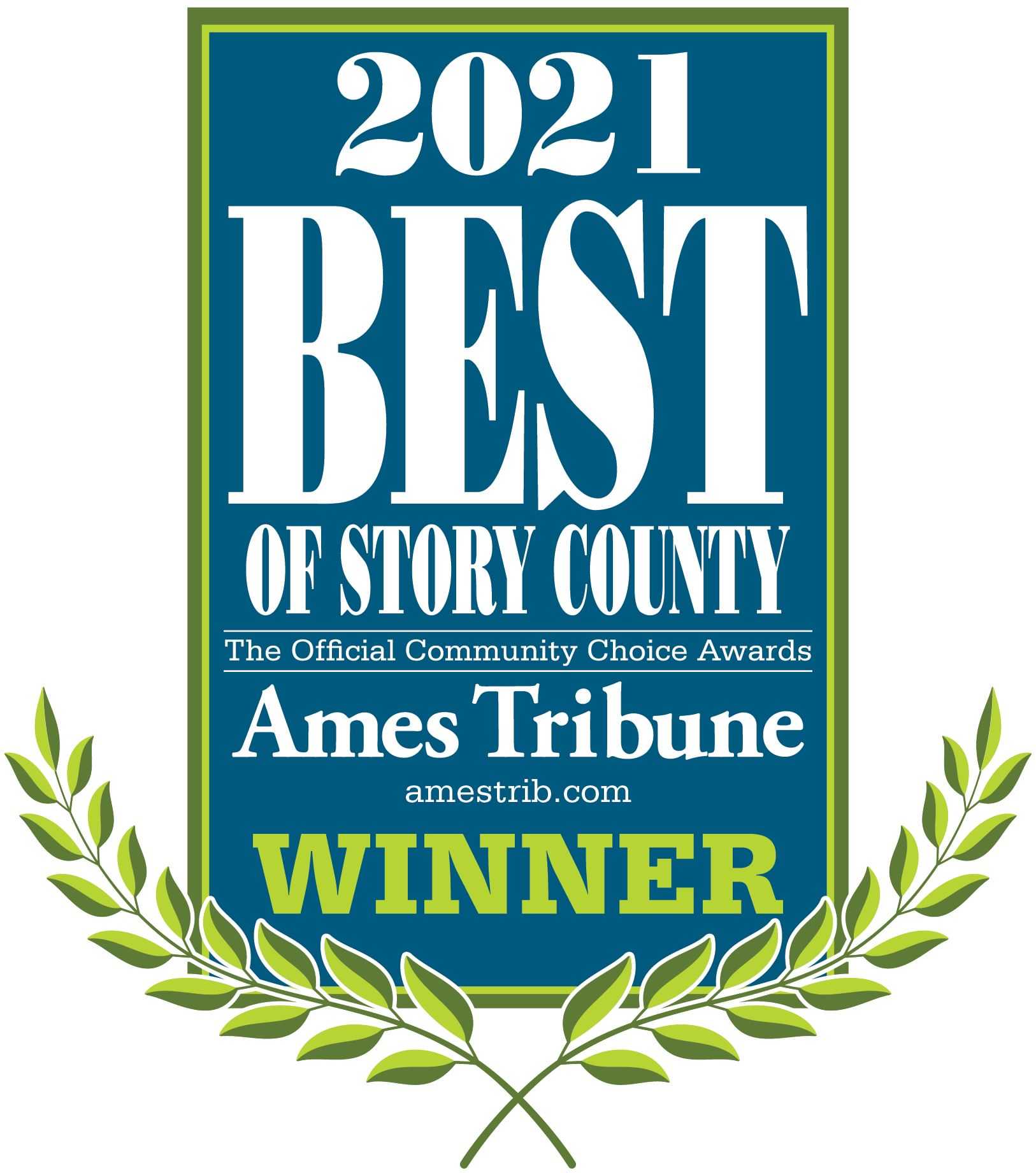 Award badge: "2021 Best of Story County Winner" from Ames Tribune.